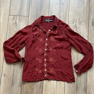 Rust Button-Up Blouse with Floral Embroidery